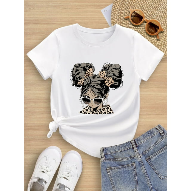 T-Shirt d'Été à Manches Courtes pour Filles avec Imprimé de Queue de Cheval Double et Lunettes, Haut à Col Rond Élastique et Confortable pour Sports Décontractés en Plein Air, Adapté aux Âges de 7 à 14 Ans, T-Shirt / Pla d'Été