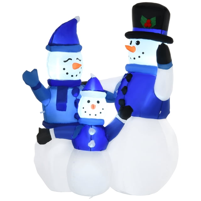 HOMCOM Grand Bonhomme de Neige Gonflable de Noël de 4 Pi avec Éclairage DEL, Décor des Fêtes Mettant en Vedette une Famille de Bonshommes de Neige Joyeux en Tenue Bleue avec Lumières DEL Blanches. Parfait pour la Décoration de Cour de Noël, Ce Gonflable Est Fait d'Un Tissu polyester durable et Convient à une Utilisation Intérieure et Extérieure. Comprend des Piquets, des Cordons de Serrage et un Sac de Sable pour la Stabilité. Dimensions : 39,4 Pouces de Large, 21,7 Pouces de Profondeur et 47,2 Pouces de Haut.