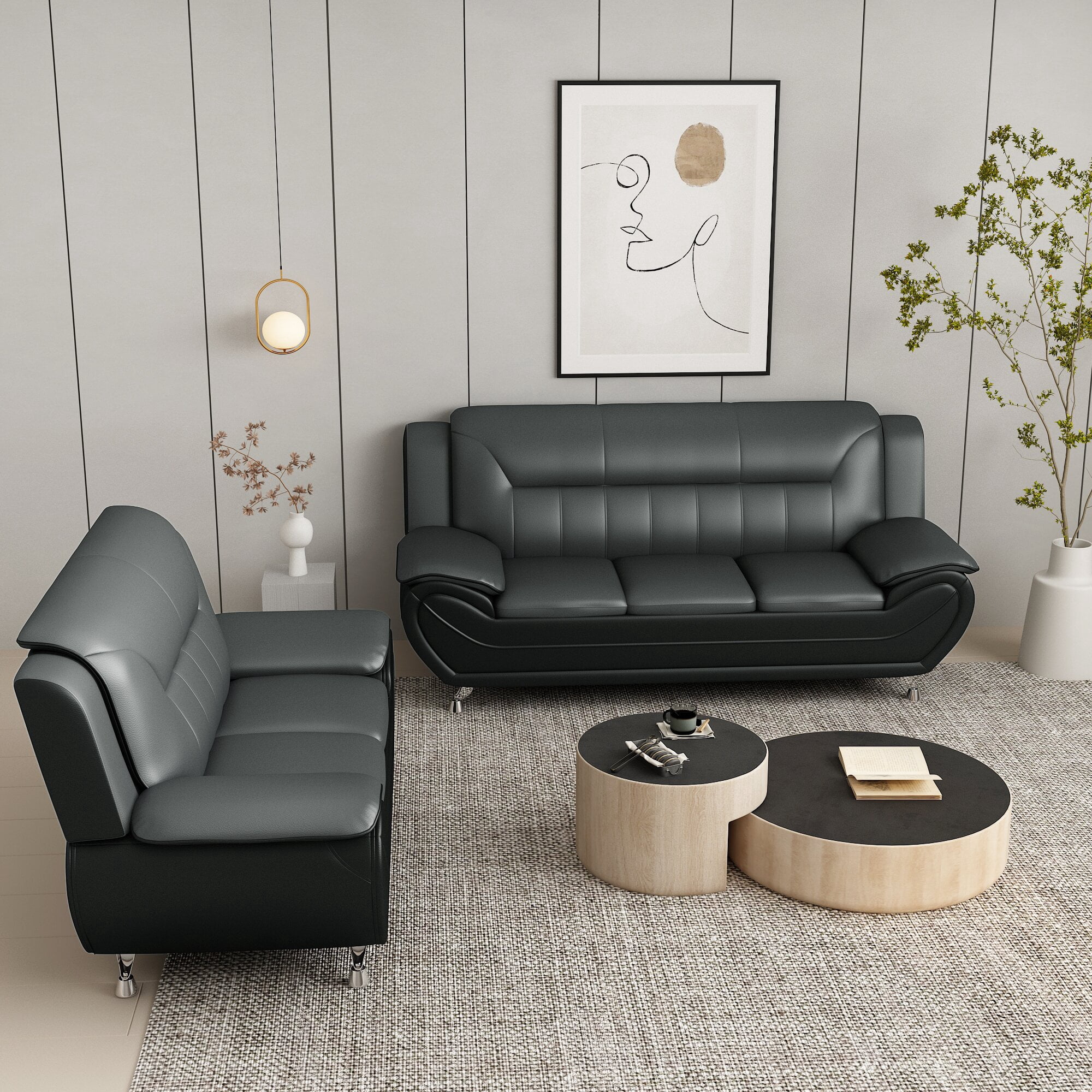 US PRIDE FURNITURE Eveland Faux Leather Upholstered 2PCS Living Room Set-Gray/Black