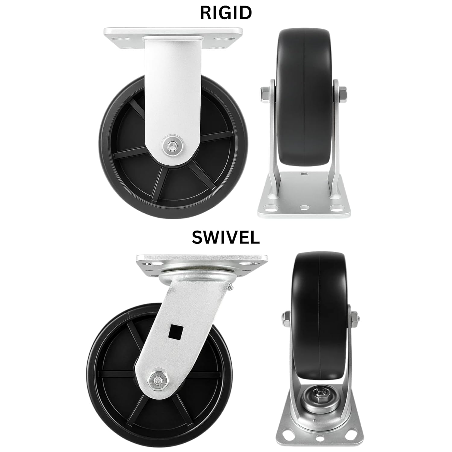 4 Heavy Duty Caster Set 6" Plastic Wheels - 2 Rigid + 2 Swivel