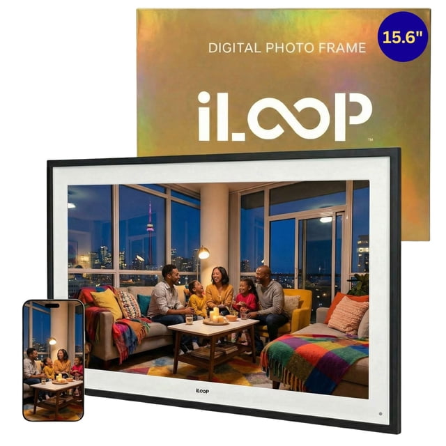 iloop Cadre Photo Numérique 15,6 Po / Écran Tactile Wi‐Fi, 32 Go / Application Frameo / sur Table Ou Mural