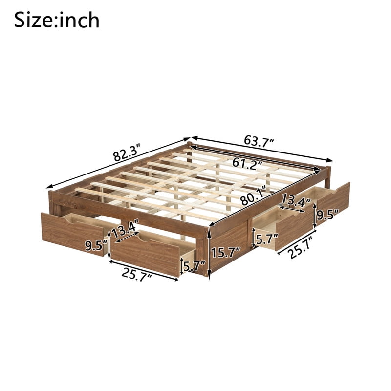 Queen/King Size No Box Spring Required Platform Bed with No Headboard, Wooden Storage Bed Frame with 6 Drawers