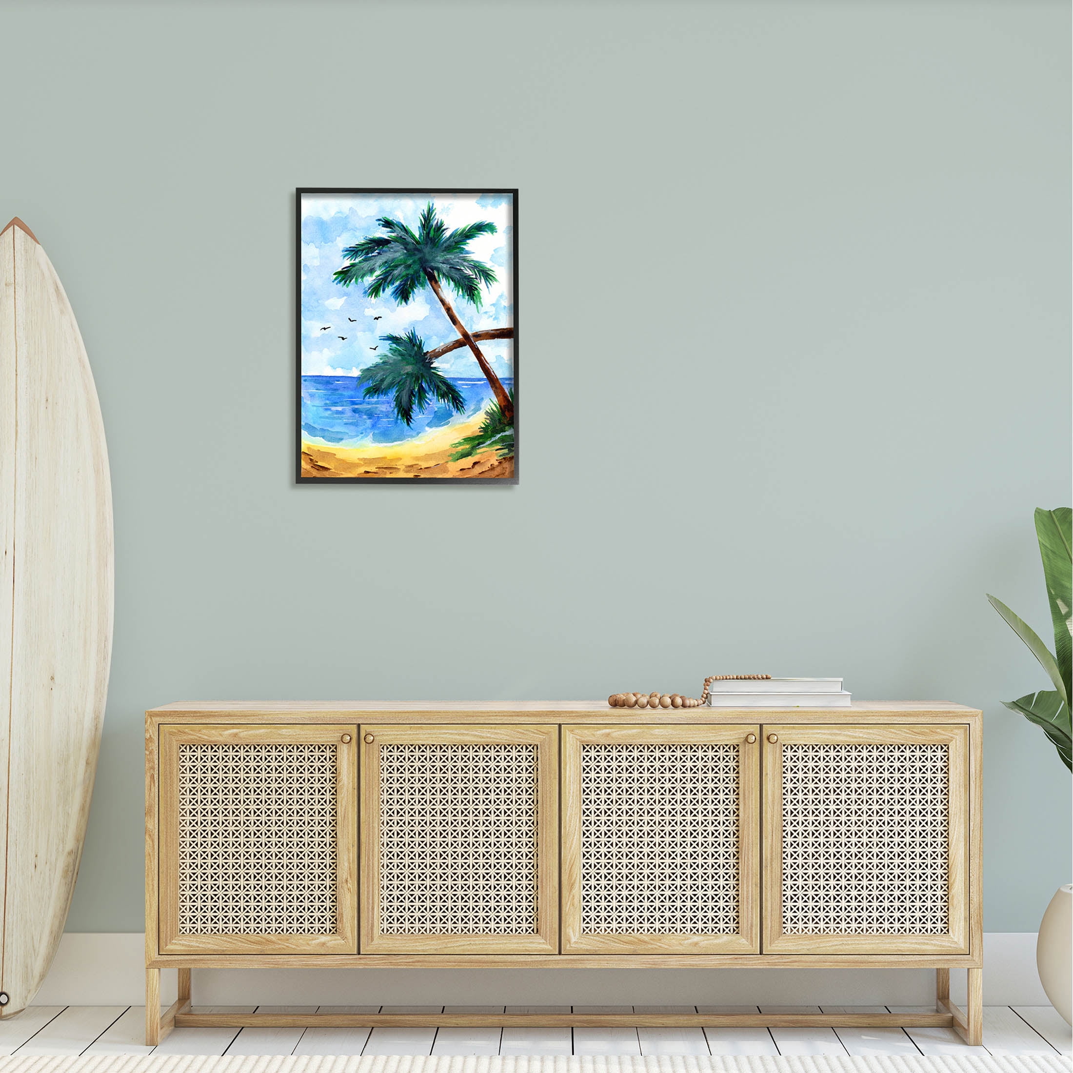 Tropical Beach Palms Birds Flying Coastal Painting Black Framed Art Print Wall Art