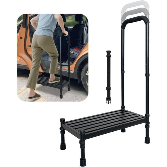 Car Step Stool with Handle for Elderly, Medical Handicap Step Stools with Handrail, Seniors Bed Steps for High Beds, Heavy Duty Metal Stepping Stool with Safety Step Platform, Vehicle Step Up Assist