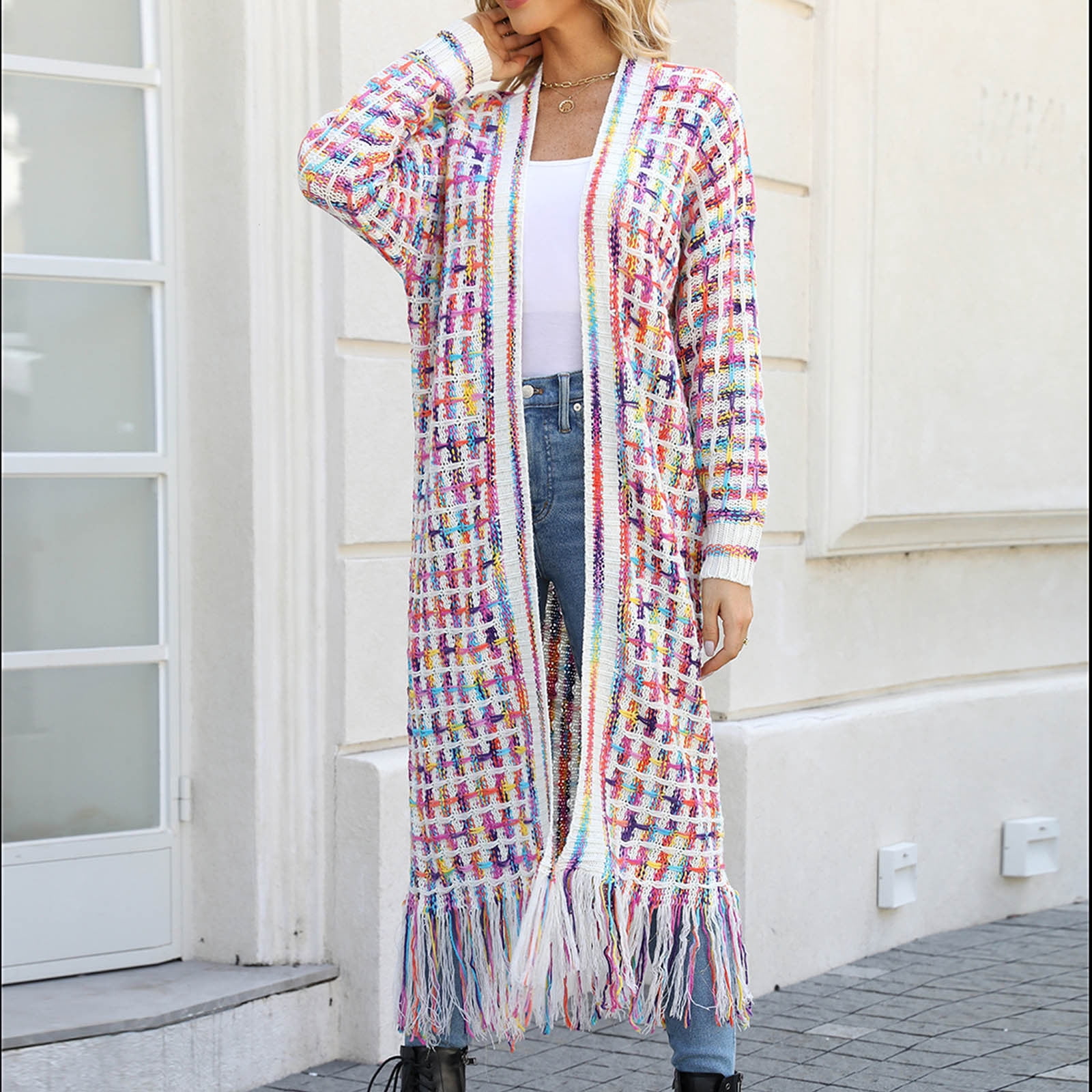 Cardigans Sweaters for Women Long Sleeve Open Front Tassels Oversized Knitted Coats Knee Length Checkered Color Block Soft Outerwear Sweater