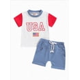 thumbnail image 2 of NOLDARES Little Boy 4th of July Outfit Short Sleeve Round Neck T-Shirt + Elastic Waist Shorts American Flag Embroidery 2Pcs Summer(White,0-6 M), 2 of 8