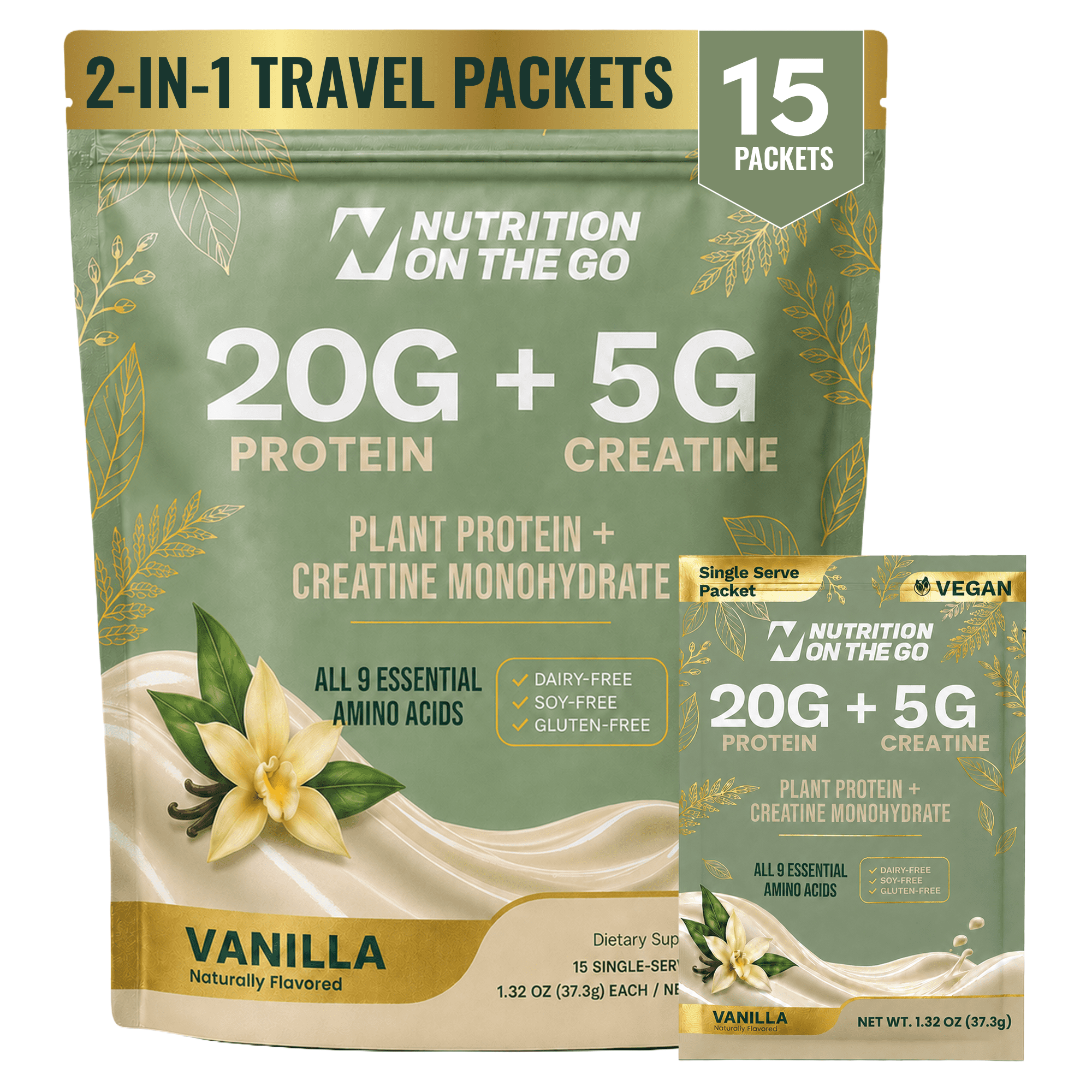 Nutrition On The Go Vegan Protein + Creatine Travel Packets, Vanilla, 15 Count