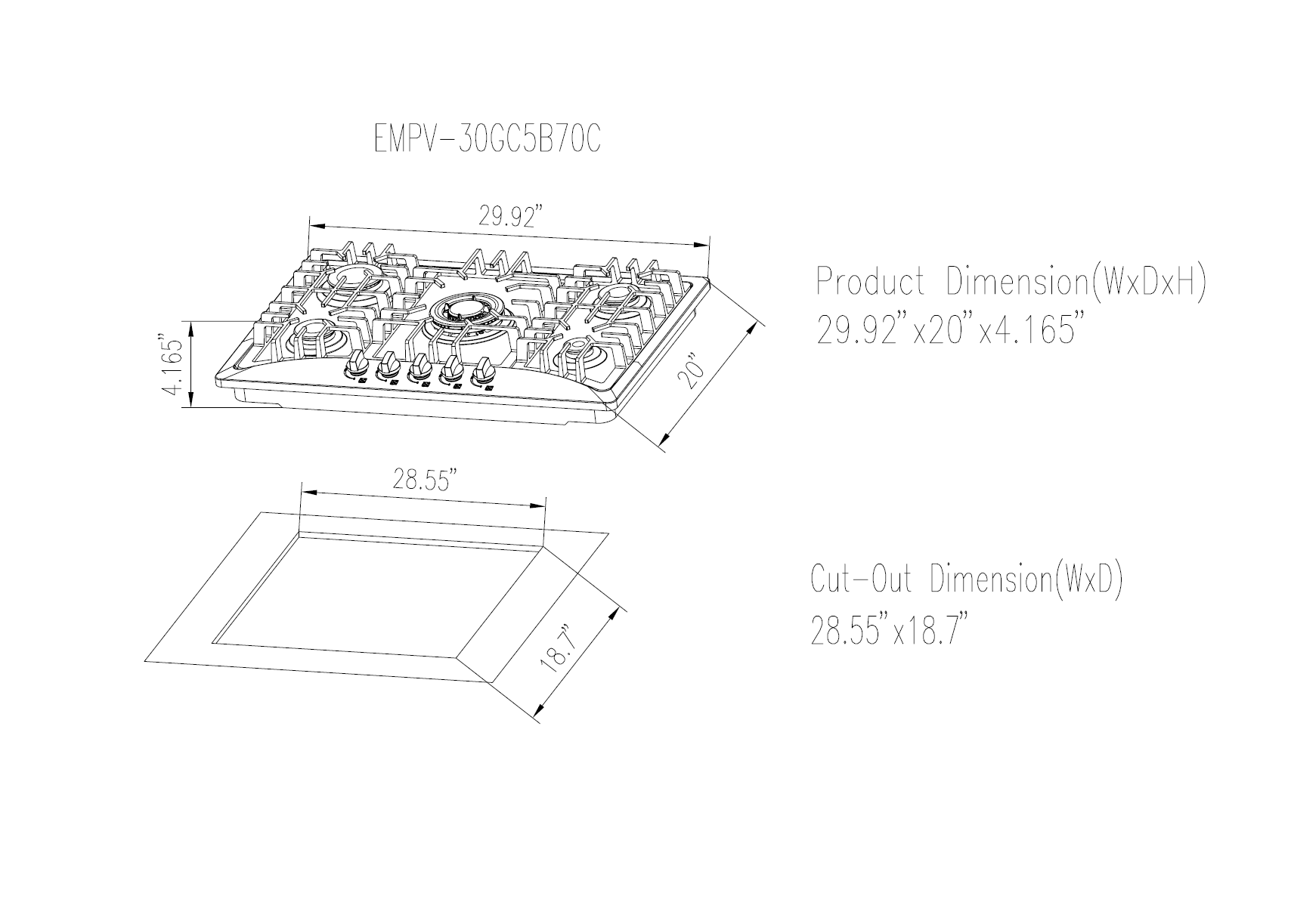 Empava 30" 5 Burners Gas Stove Cooktop in Stainless, EMPV-30GC5B70C