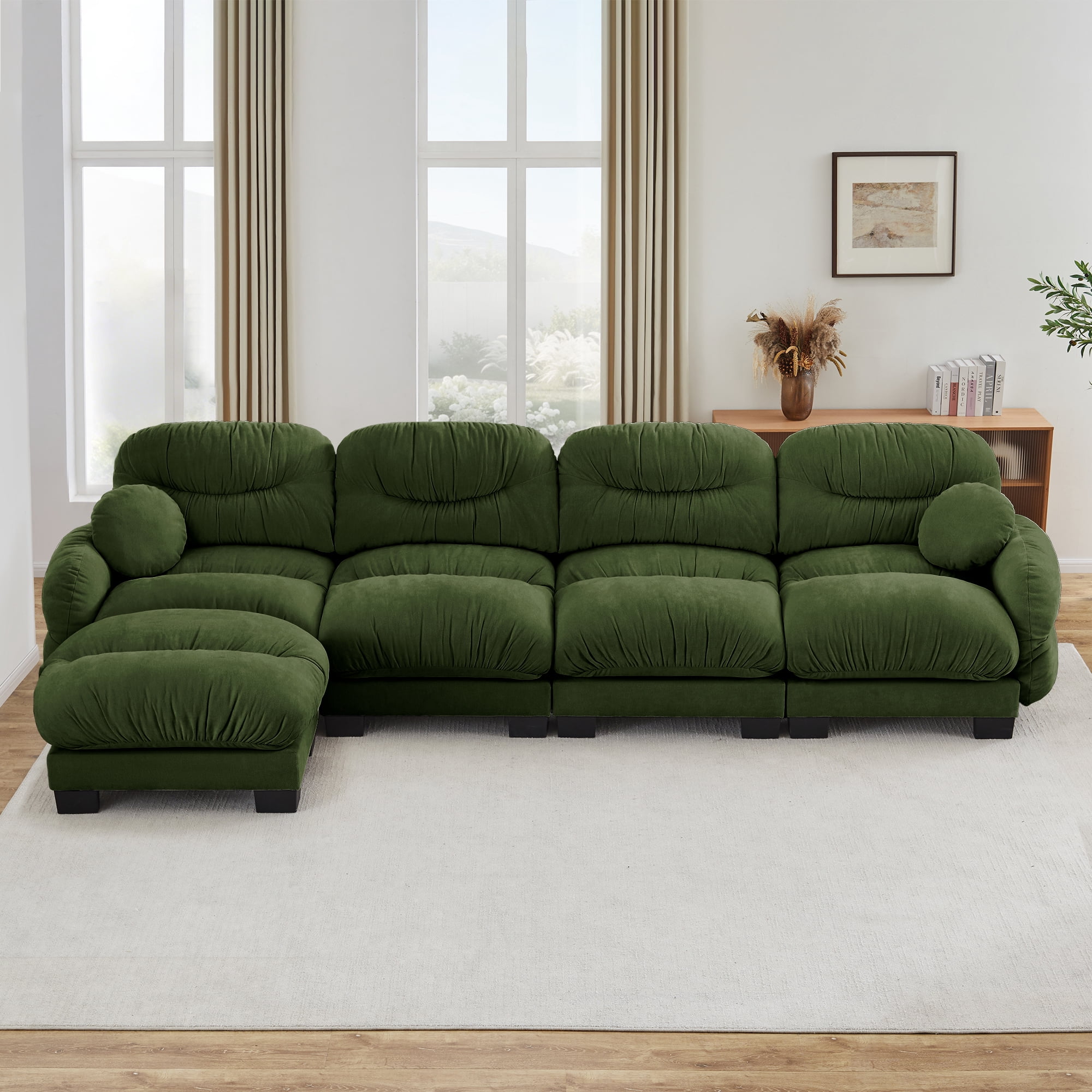 150" 4 Seater Sectional Couch Cozy Chenille Modular Sofa with Ottoman and 2 Throw Pillows