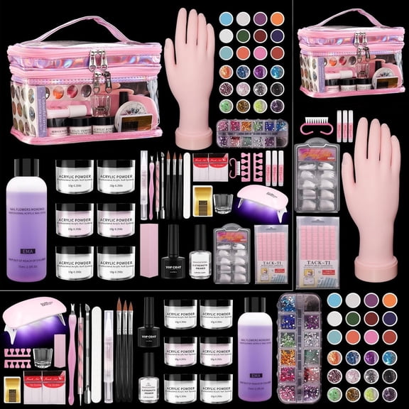 Nail Kit for Beginners with Everything: Professional Nail Acrylic Powder Liquid Set with Practice Hand Drill U V Light in Cosmetic Bag for Women Salon Home (Pink)
