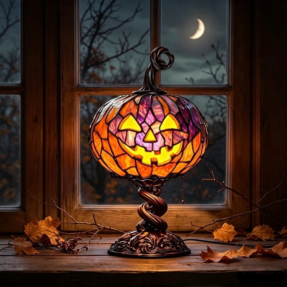 Halloween Decor,Halloween Pumpkin Lamp, Stained Glass Jack O Lantern Night Light, USB Vintage Table Decor for Home
