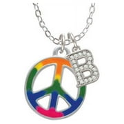 Large Rainbow Colored Peace Sign - B - Crystal Initial Sophia Necklace, 18"+1"