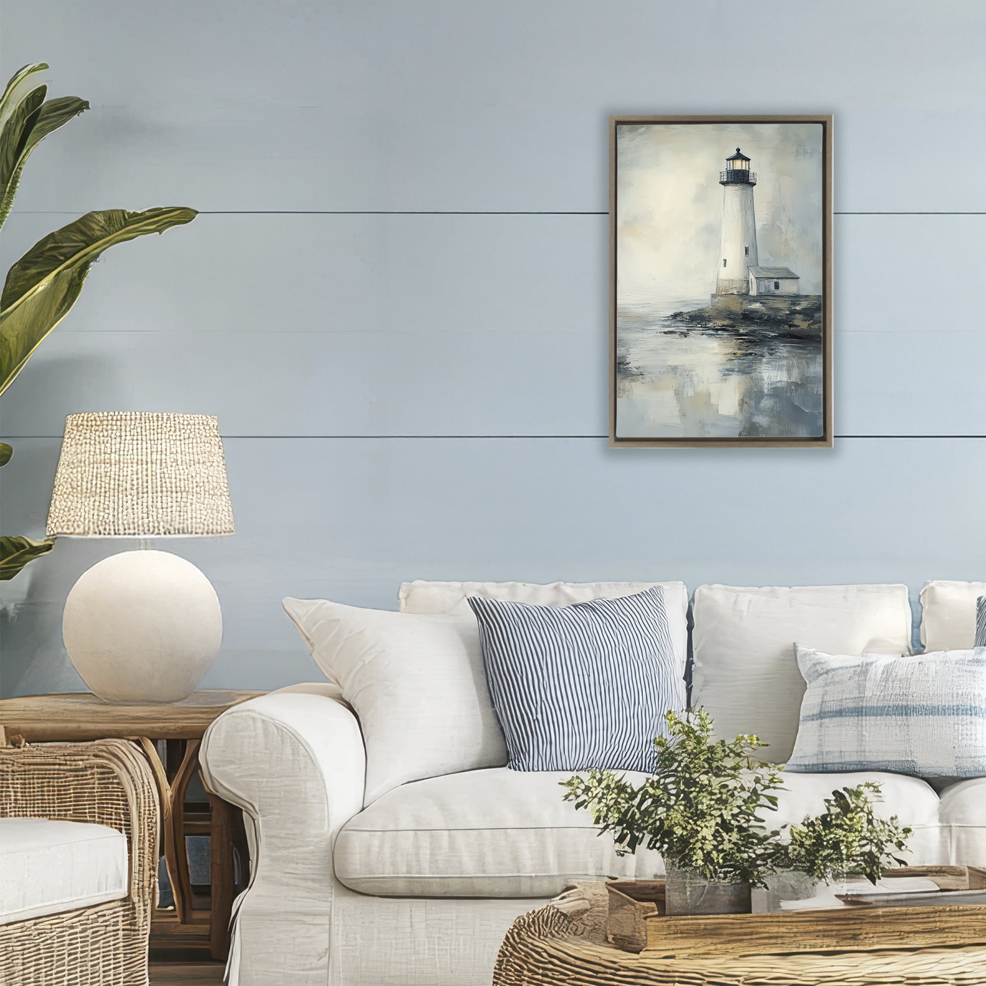 Stupell Industries Moody Lighthouse Reflecting Brown Framed Floater Canvas Wall Art, design by Petal Prints Design