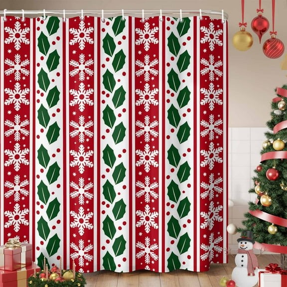 Christmas Red Shower Curtain, Winter Snowflake Xmas Green Leaves Berries Waterproof Fabric Shower Curtains with 12 Hooks, Bathroom Curtain Set for Bathroom Accessories Decor, 66 x 72 Inches