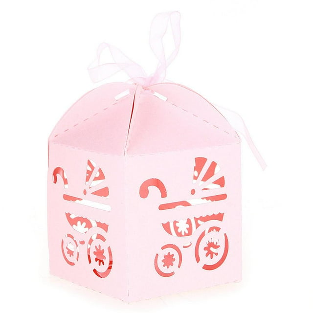 50 cajas de dulces rosas con forma de carruaje, cortadas con láser, para recuerdos de boda o baby shower, con cinta.