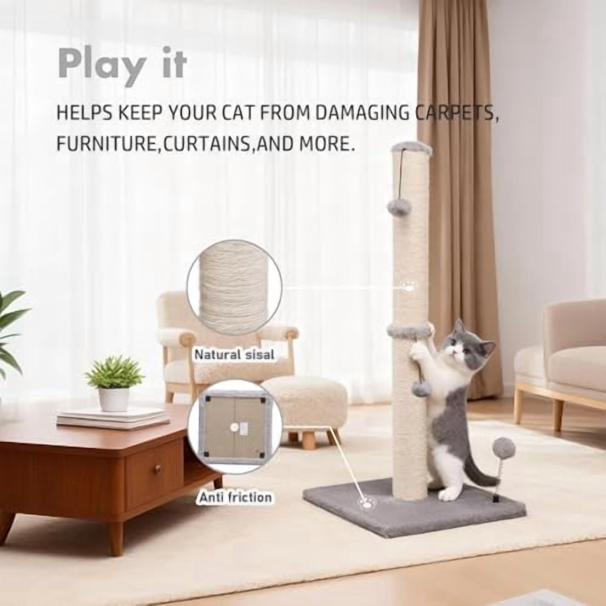 34“ Tall Cat Scratching Post Premium Basics Kitten Scratcher Sisal Scratch Posts Trees with Hanging Ball for Indoor Cats, Gray