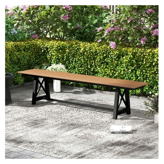 Outdoor Bench 3-4 Person, HDPE Bench with Metal Frame, 72" Patio Bench, Weatherproof Garden Bench, Backless Park Bench, Heavy Duty 1100lbs Capacity, Brown & Black