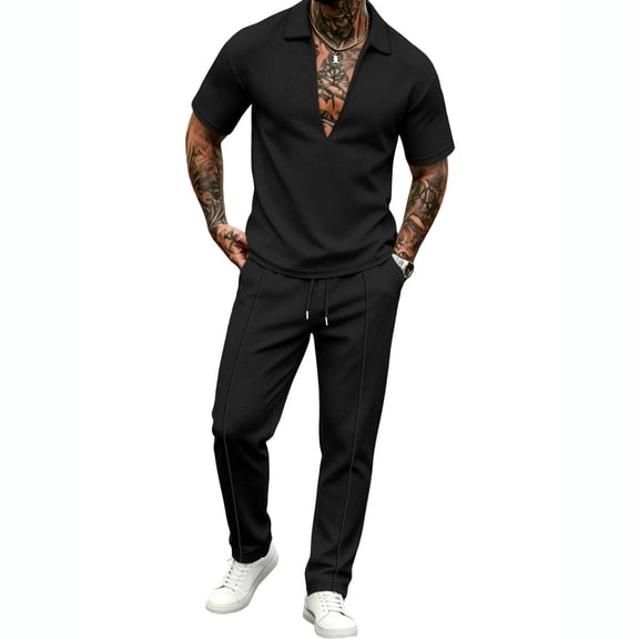 LEKWK 2 Piece Set for Men Deep V Neck Short Sleeve Loose Fit Tops and Drawstring Straight Leg Pants Summer Fashion Casual Solid Travel Daily Outfits