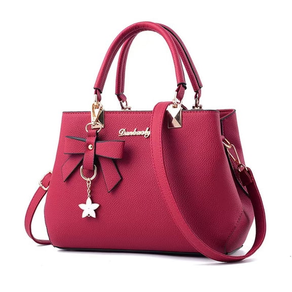 Women's Wine Red PU Leather Handbag with Bow Star Charm, Large Capacity Tote Bag with Detachable Strap, 3-Way Crossbody Shoulder Purse for Work Date Daily Commute Travel Gift