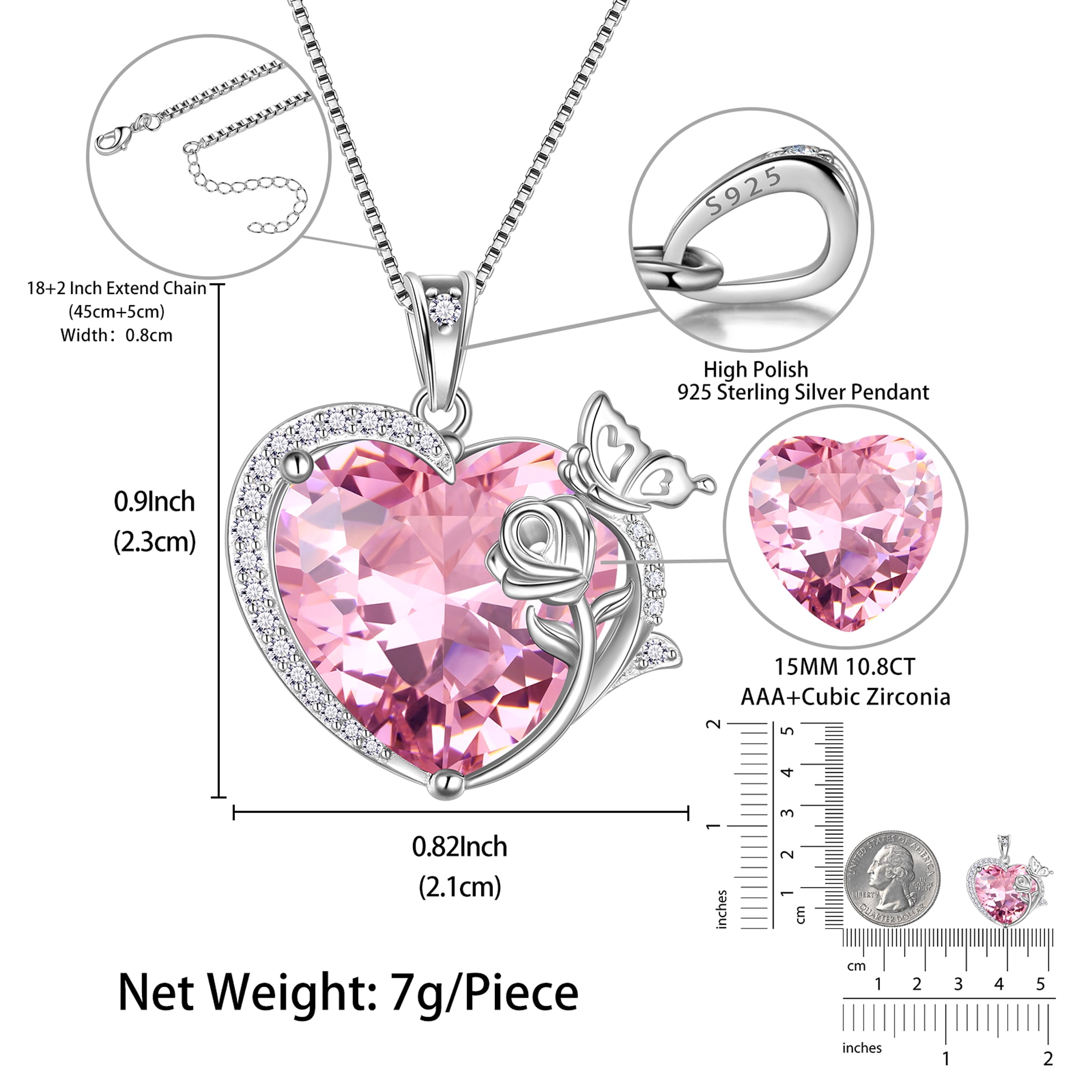 Juwaliy Women Heart Necklace Butterfly Rose Flower Pendant October Birthstone Tourmaline Pink Jewelry 925 Sterling Silver Mother Wife Girlfriend Valentines Gift
