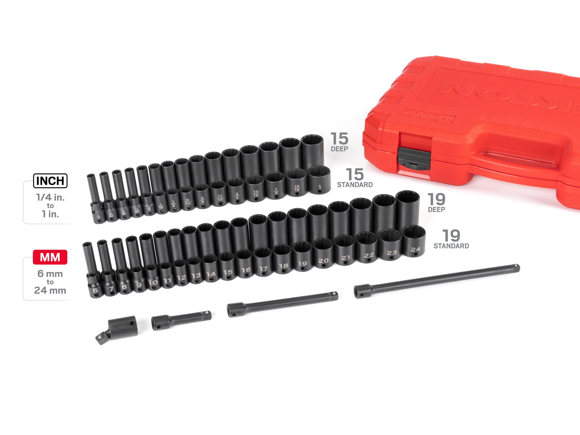 TEKTON 3/8 Inch Drive 12-Point Impact Socket Set, 72-Piece (1/4 - 1 in., 6 - 24 mm) | SID91406