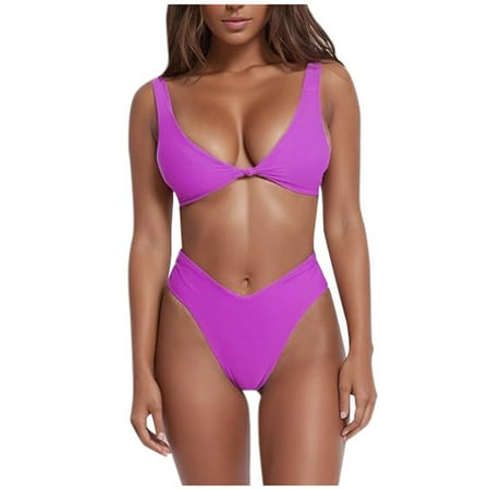 XUELUO Womens Bikinis Solid Color Strappy V Neck Bra And High Waist Panty Set Fashion Swimwears Activewear