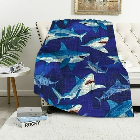 BCIIG Cute Shark Blanket for Travel Couch Bed Room Cozy Flannel Funny Blue Shark Throw Blankets for Boys Girls Adults 40x50in