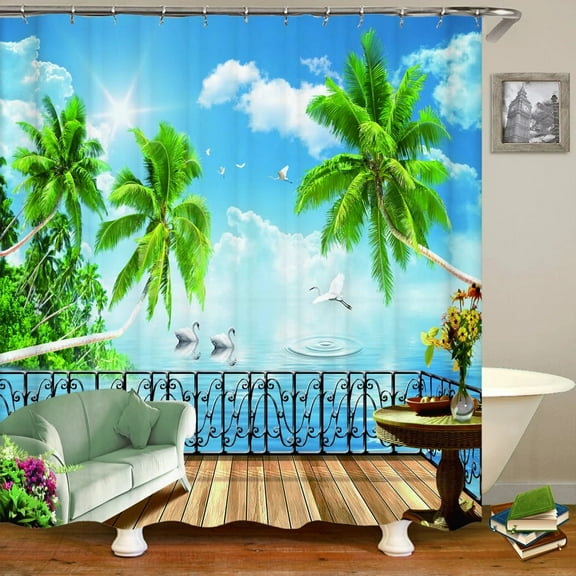 3D Printing Sunshine Beach Palm Trees Bathroom Shower Curtain Seaside Scenery Home Decoration Waterproof Bath Curtain with Hook
