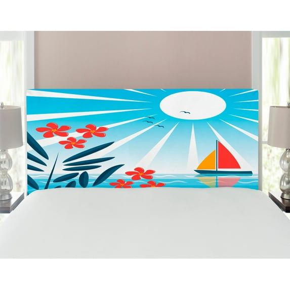 Nautical Headboard, Oleanders and Sailing Boat in the Sea Sunny Day Gulls Positive Life Theme, Upholstered Decorative Metal Bed Headboard with Memory Foam, Full Size, Blue Orange White, by Ambesonne