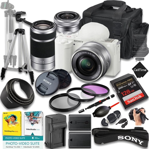 Sony ZV-E10 Mirrorless Camera (White) International Version w/ 16-50mm & 55-210mm Lenses   128GB   Extra Battery   Case   Tripod (25-Pc Bundle)