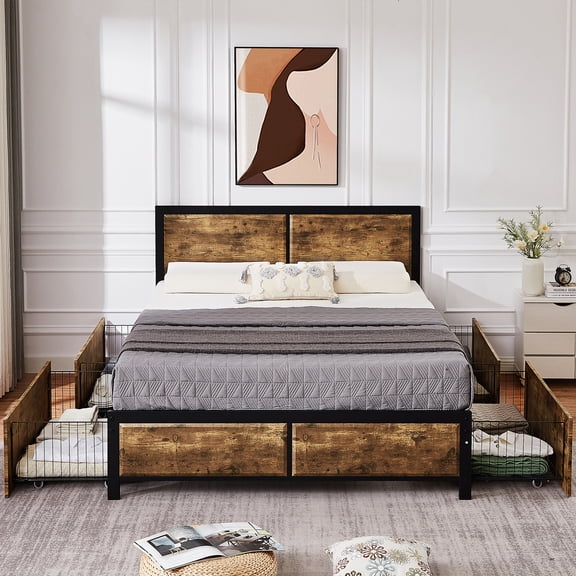 VECELO Queen Size Bed Frame with 4 Storage Drawers, Modern Industrial Rustic Platform Bed with Wooden Headboard and Footboard, , No Noise, No Box Spring Needed, Brown