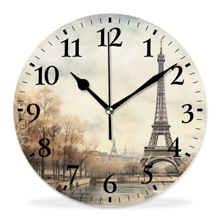 12 Inch Wall Clock Battery Operated Silent Clock Decorative for Office, Kitchen, Outdoor, Living Room,Eiffel Tower Retro Paris Beautiful Pattern