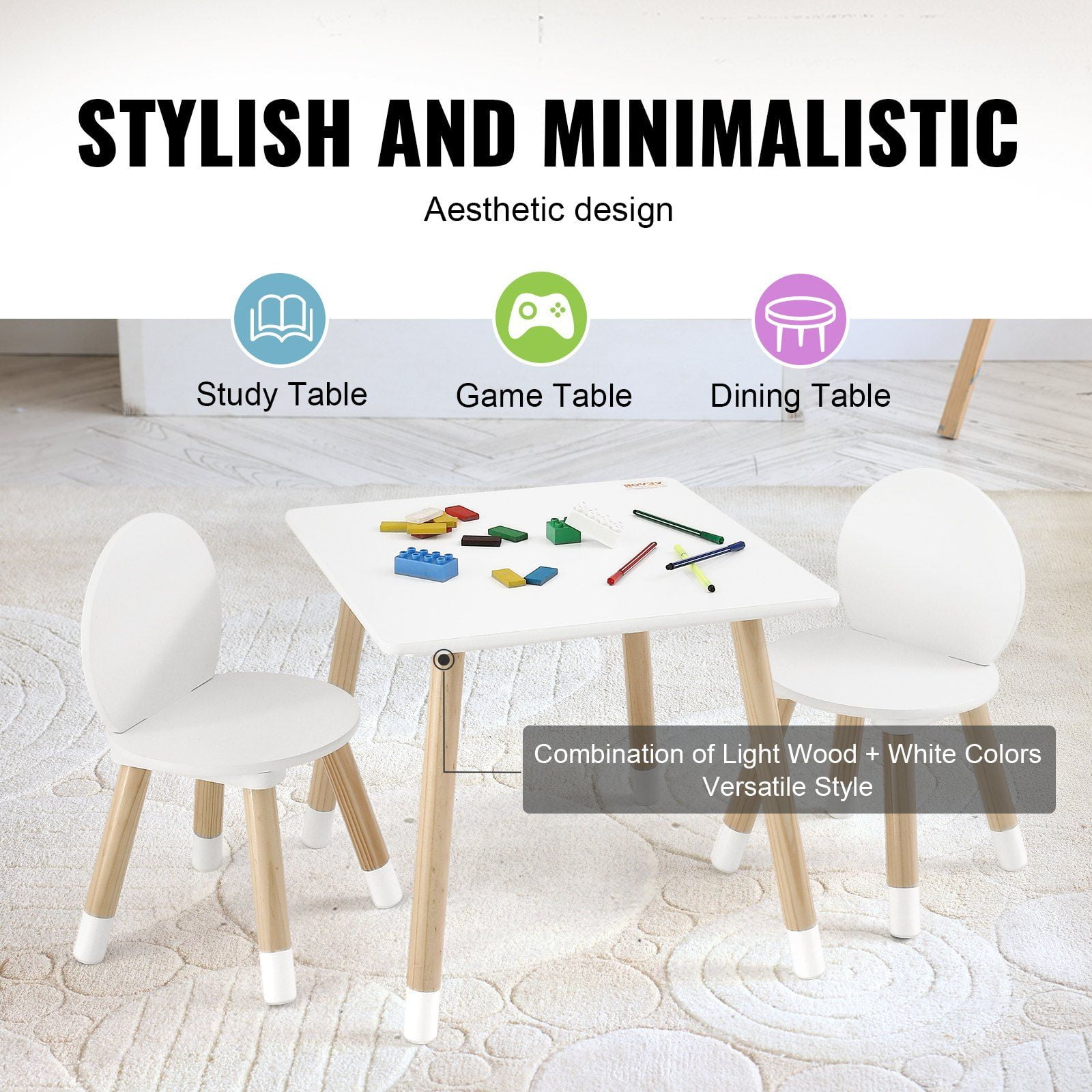 Kids Table and 2 Chairs Set for Ages 2–8, Solid Wood Legs, Curved Edge Design, Easy-to-Clean Surface, Multi-Activity Toddler Table for Drawing, Reading, Crafting, Playroom or Daycare Use