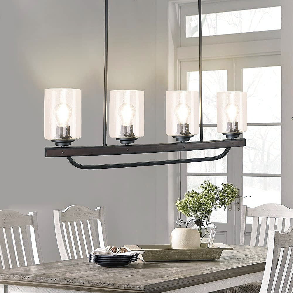 Depuley 4 Light Glass Pendant Light Rustic Track Ceiling Light Metal Wood Chandelier Lighting Fixture Hanging for Living Room Kichen Dining Restaurant, E26 Base