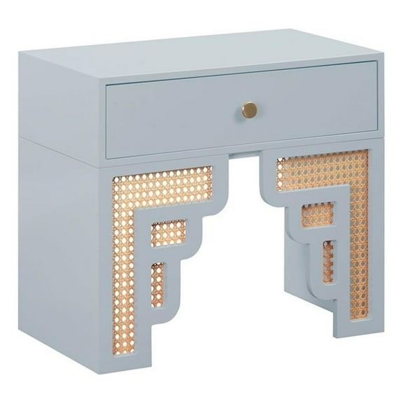 Maklaine Transitional Wood Pastel Blue Finish & Rattan Nightstand