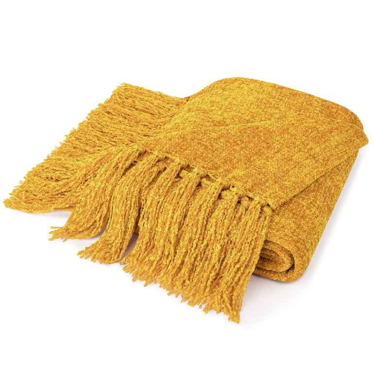 Pavilia Chenille Knit Throw Blanket with Tassels, Yellow photo 2