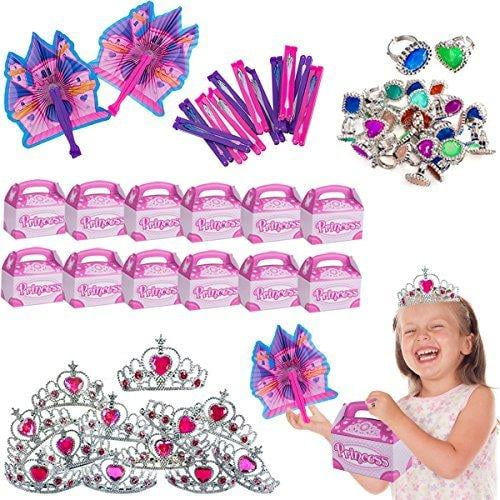 72 Pc Set Tiaras Princess Fans Treat Boxes & Princess Rings by Funny Party Hats Party Favors Princess Party Supplies 