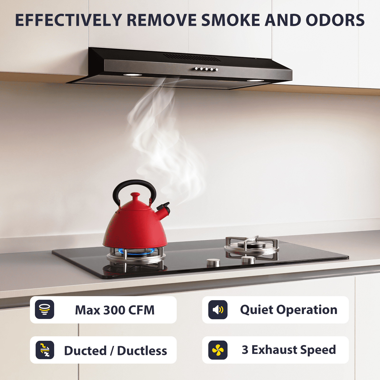 TYEMUI 30 Inch Under Cabinet Plug-in Range Hood, Extractor de Cocina para la Estufa,Kitchens Range Hood 30 inch,Ductless Vent Hood with Touch Control and LED Lights