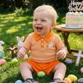 thumbnail image 2 of VNKIDY Baby Boys 2 Piece Polo Outfit Short Sleeve Stripe Polo Shirt With Bunny Carrot Embroidery Matching Loose Fit Shorts For Daily Wear Orange 0-6 months, 2 of 9
