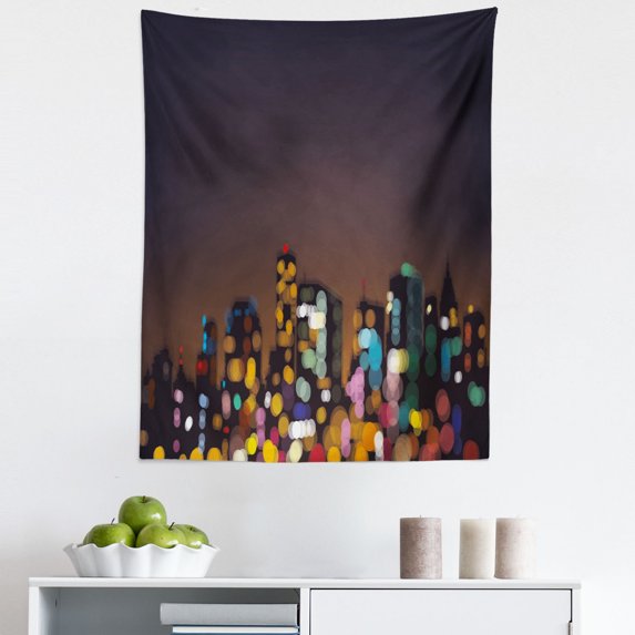 City Tapestry, Cityscape at Night Abstract Display with Silhouettes with Colorful Dots Bokeh Effect, Fabric Wall Hanging Decor for Bedroom Living Room Dorm, 5 Sizes, Multicolor, by Ambesonne