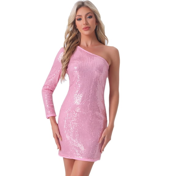 DARING DIVA Elegant Sequin One Shoulder Midi-Length Party Dress XS Pink