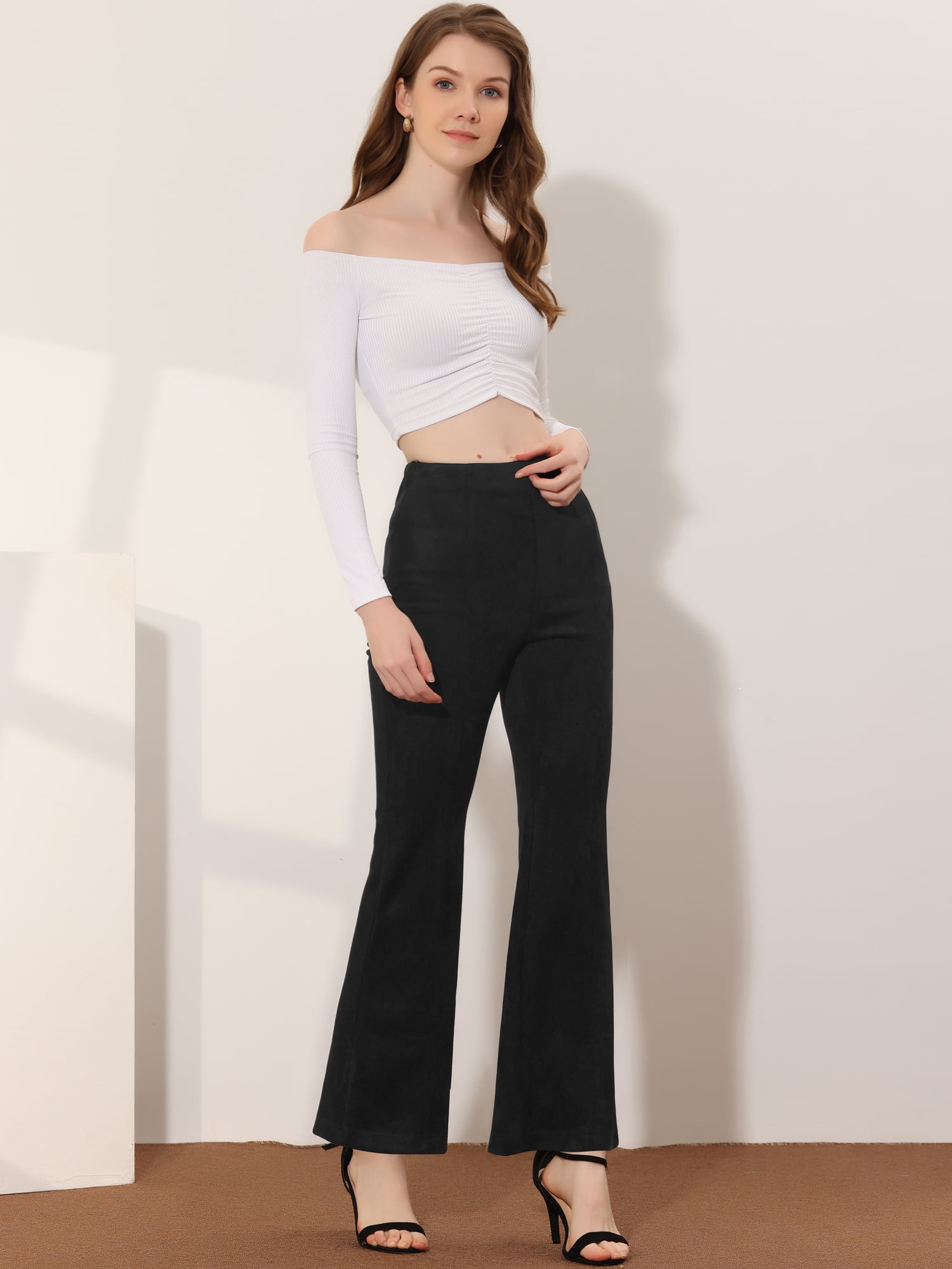 DARING DIVA Women's Faux Suede Pants Wide Legs Bell Bottom Flared Trousers XS Black