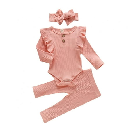 

Baby Children s Solid Color Pit Strip Ruffled Flying-sleeves Romper Top 3-piece Suit