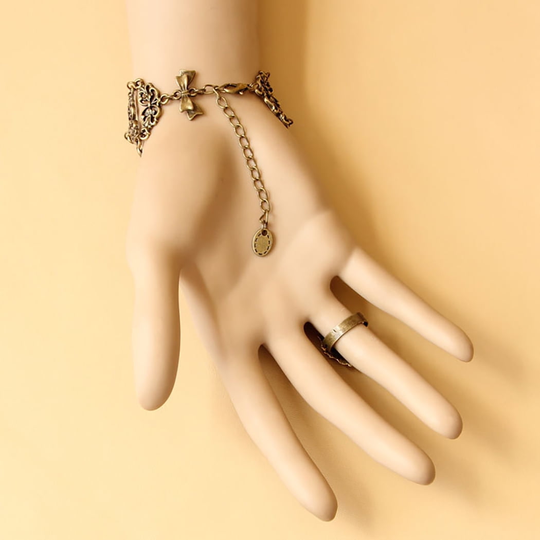 Gold Plated White Imitation Pearl Chain Hand Slave Ring Bracelet(7 2/8