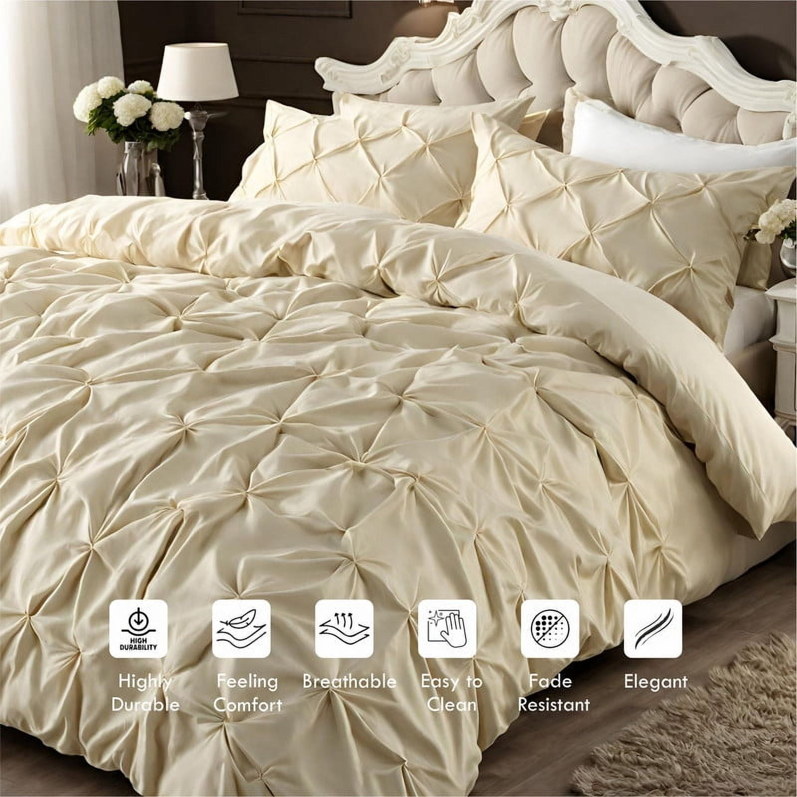 Pinch Pleated Duvet Cover Set 1200TC 100% Cotton Luxurious Home 3-Piece 1-Pinch Duvet Cover 2-Pinch Pillowcase Zipper Tie Closure Pack of 1