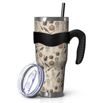 40oz Tumbler,Beige Halloween Skull Pumpkin Cat Pattern Insulated Tumblers with Removable Handle,Stainless Steel Double Vacuum Coffee Tumbler Cup with Straw for Home,Office,Travel,Party