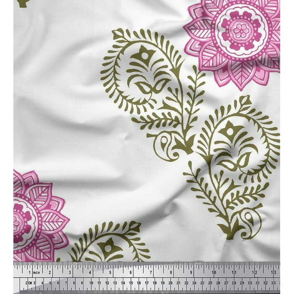 Soimoi Japan Crepe Satin Fabric Paisley,Leaves & Floral Mandala Block Decor Fabric Printed Yard 42 Inch Wide