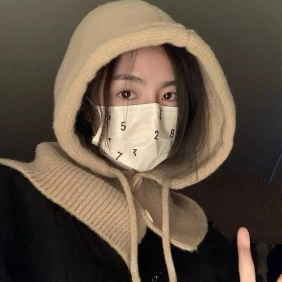 Winter Hats for Women, Wool Blend Hooded Scarf Hat for Women Knit Cap Beanie Hat Neck Gaiters-khaki color