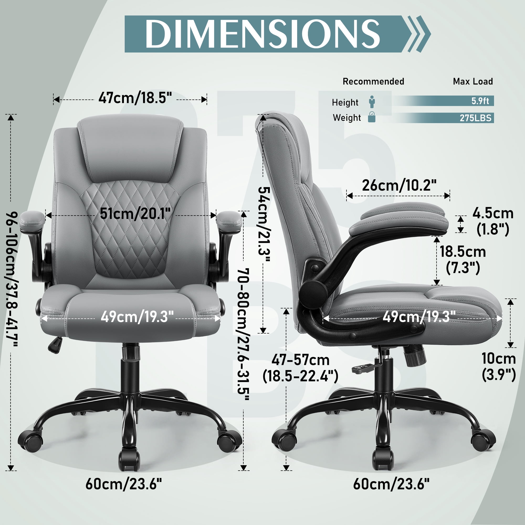 Brick Attic Leather Office Chair, Home Computer Desk Chairs with Ergonomic Back Support, 360°Swivel Free, Small Gaming Chair with Wheels and Adjustable Armrests, Gray