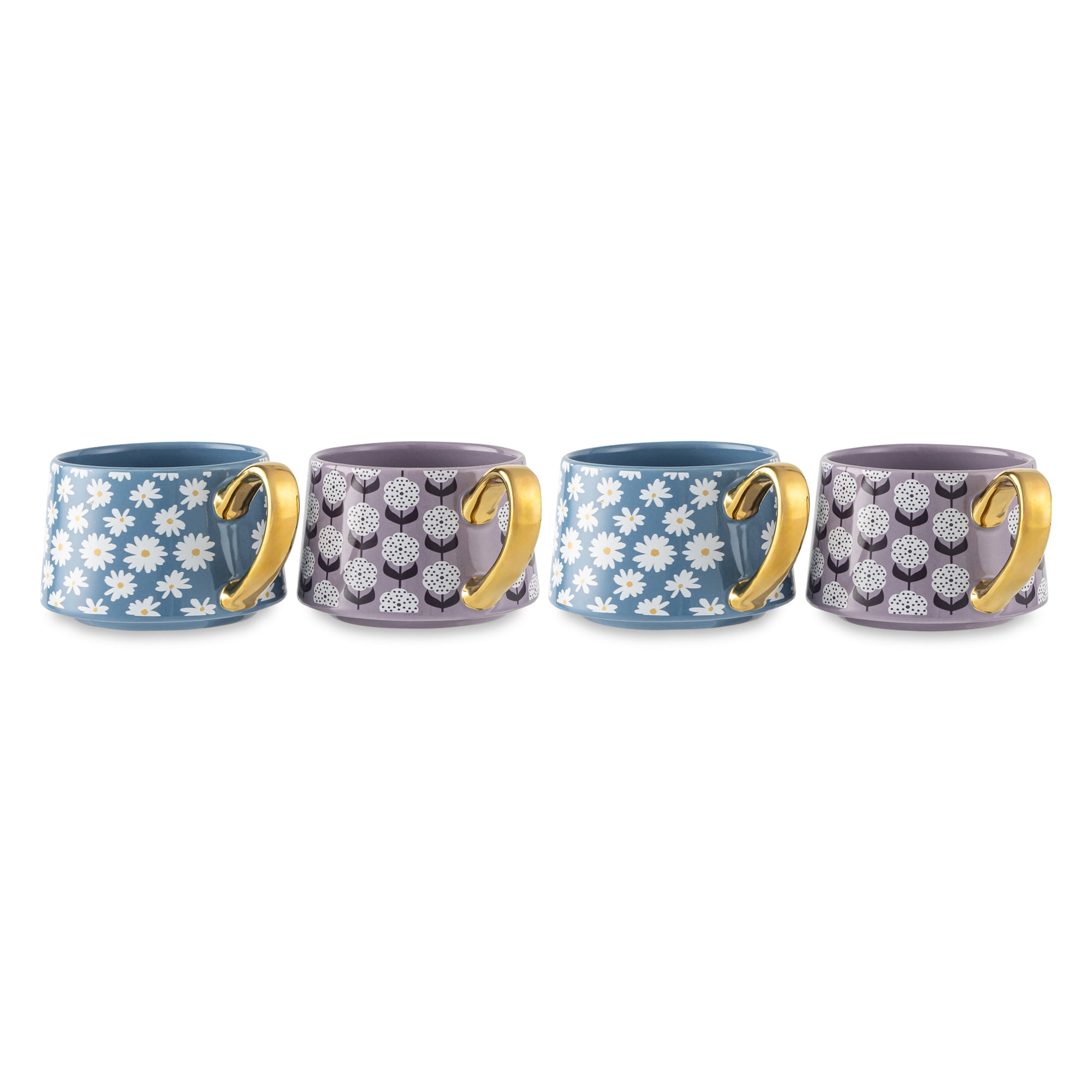 Thyme & Table 4 Pack Blue and Purple Daisy Print Teacup Mugs with Gold Handles 11.8 fl oz, Stoneware